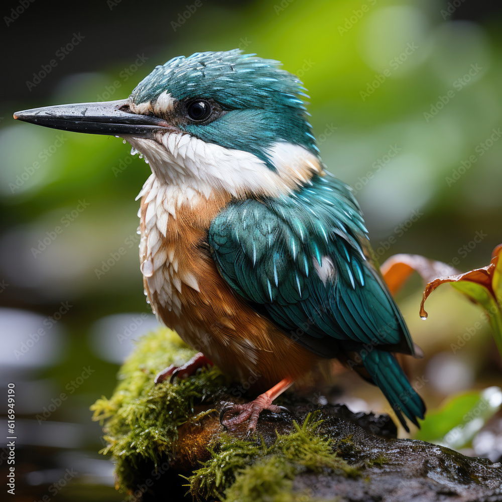 A colorful kingfisher (Alcedinidae) resting near a flowing stream in the rainforest.