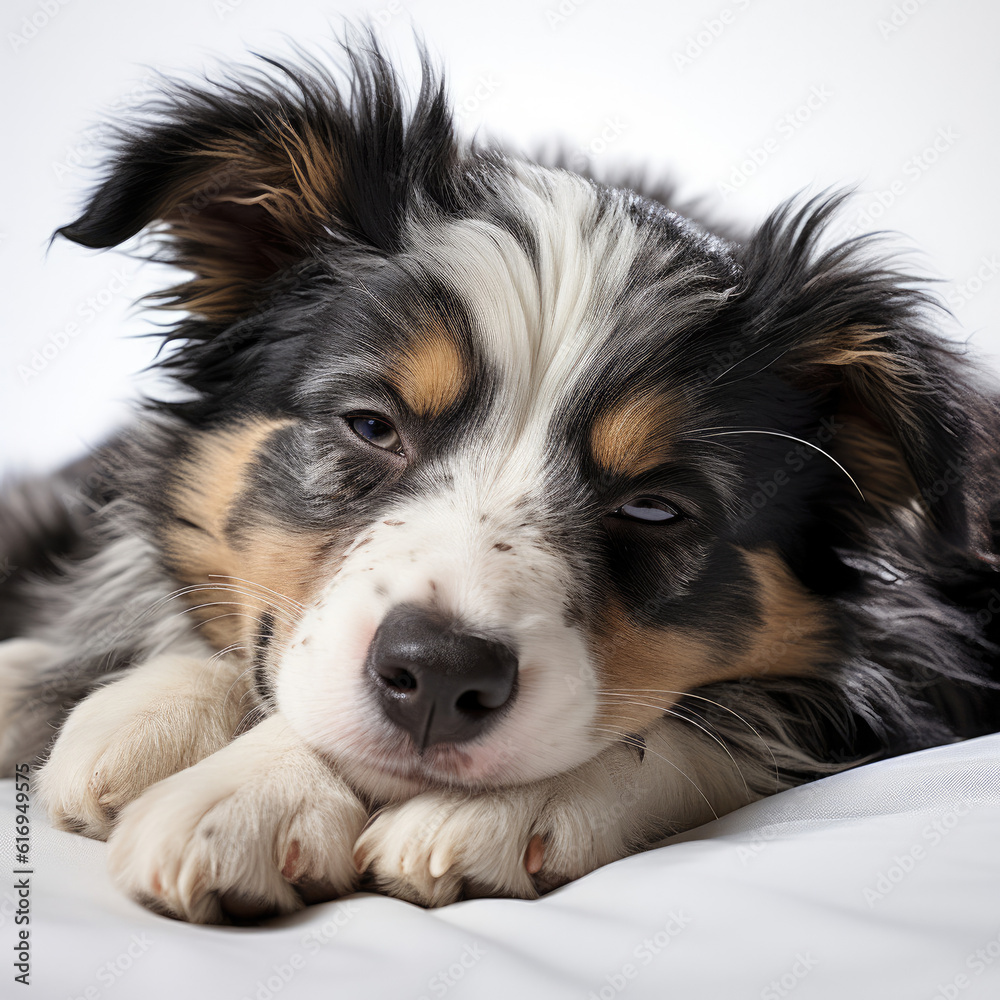 A sleeping Border Collie puppy (Canis lupus familiaris) with a merle coat, resting peacefully.