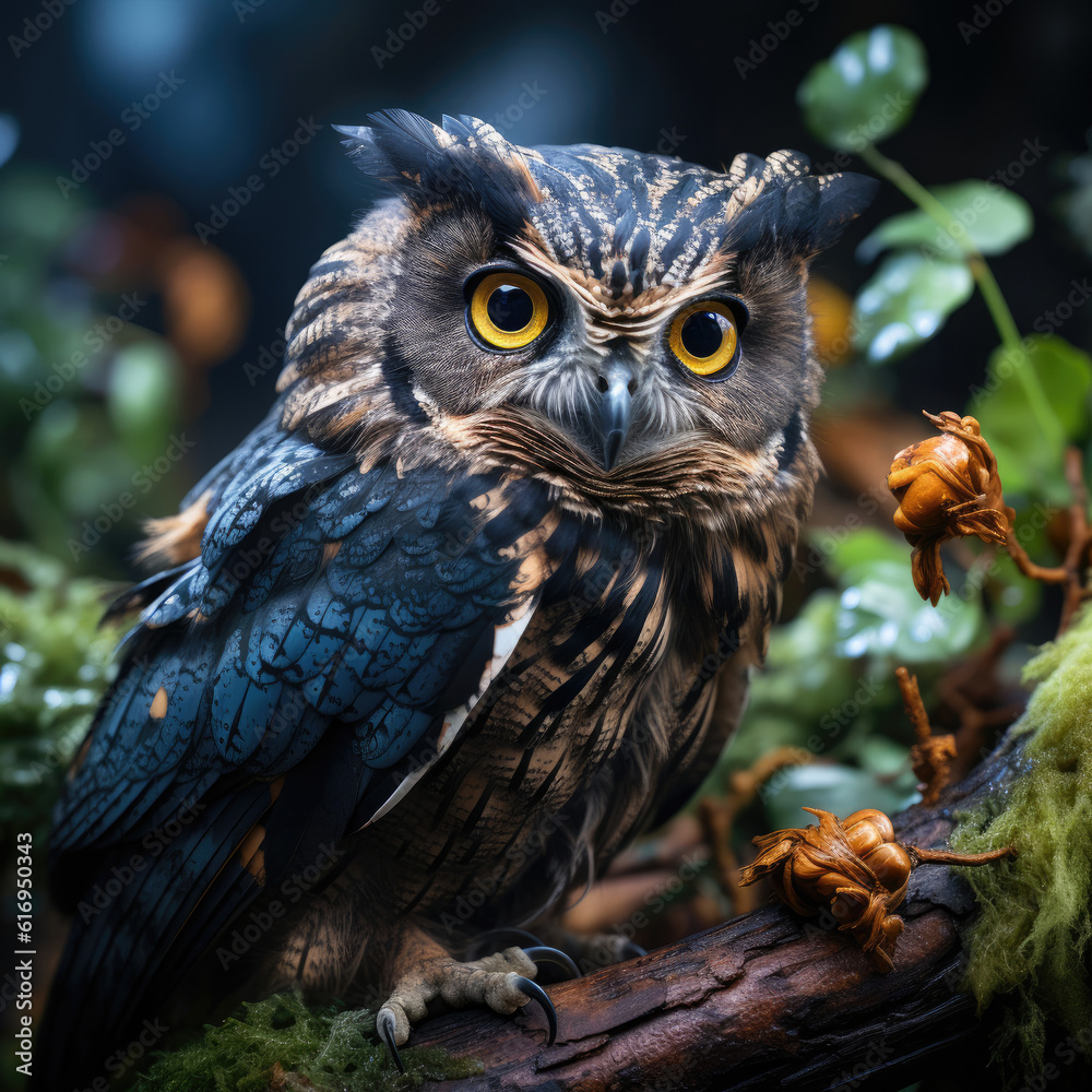 A majestic owl (Strigidae) perched on a tree branch, blending into the rainforest twilight.