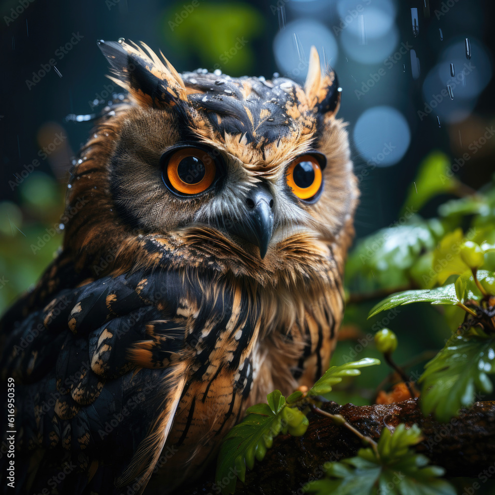 A majestic owl (Strigidae) perched on a tree branch, blending into the rainforest twilight.