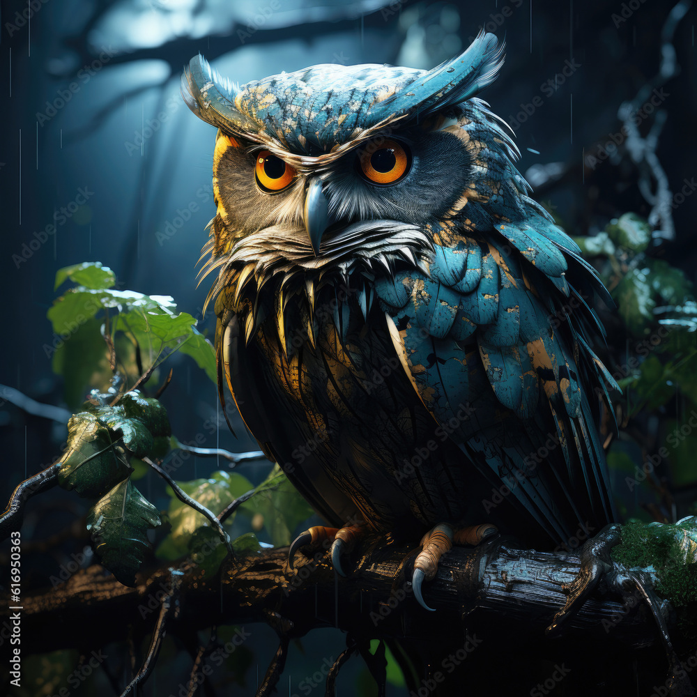 A majestic owl (Strigidae) perched on a tree branch, blending into the rainforest twilight.