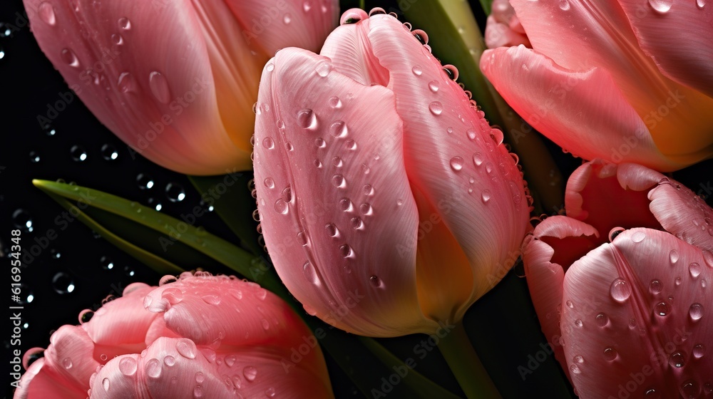 Pink Tulips flowers with water drops background. Closeup of blossom with glistening droplets. Genera