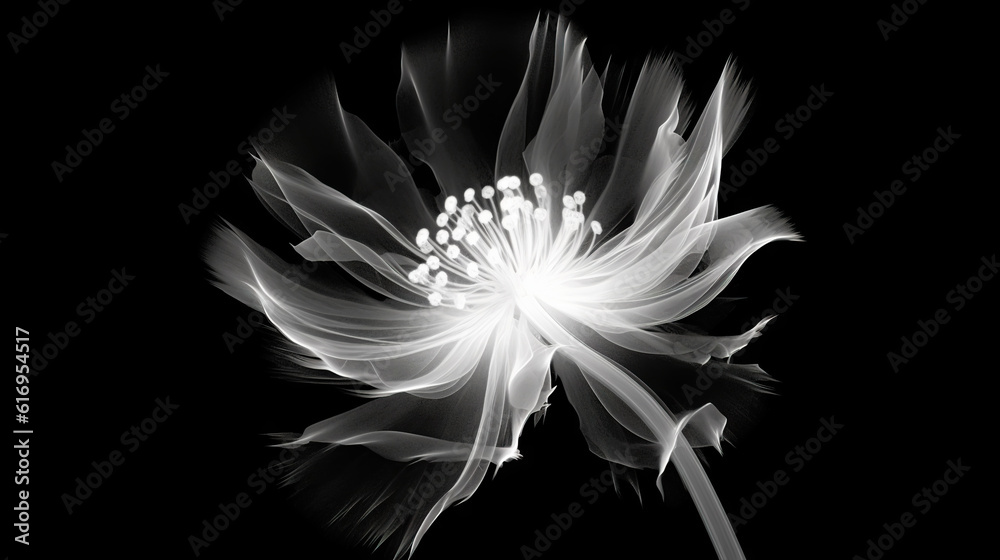 Monochrome x-ray image of a ethereal flower on black. Fantasy mystical blossom. Generative AI