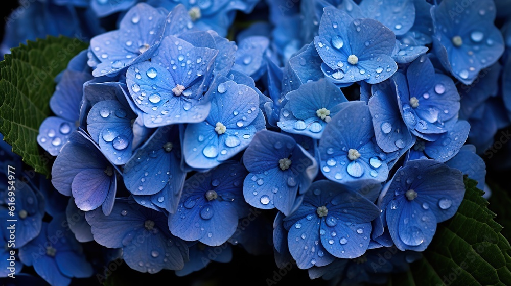 Blue Hydrangeas flowers with water drops background. Closeup of blossom with glistening droplets. Ge