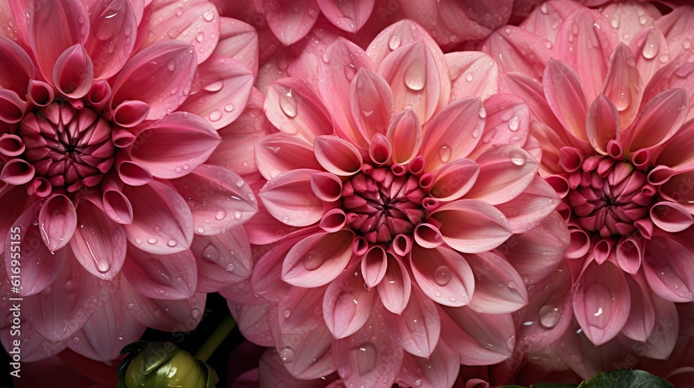 Pink Dahlia flowers with water drops background. Closeup of delicate blossom with glistening droplet