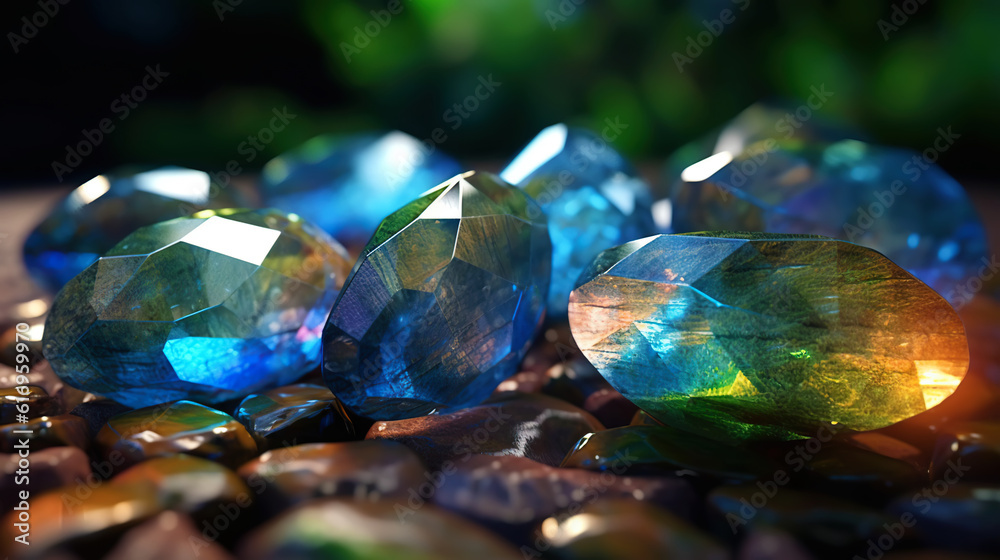 Amazing bright and shiny Labradorite crystal cluster background. Jewel mineral detailed macro. Gener