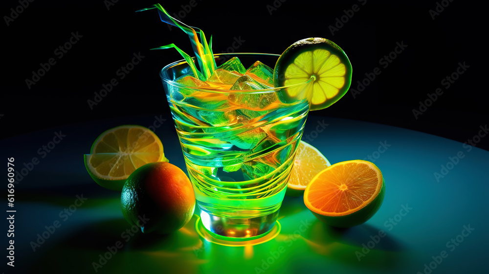 Glass of cocktail in hypnotic neon light. Colorful rave party drink. Generative AI