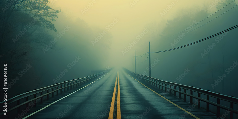 Misty empty road with trees on the side. Foggy highway. Mystery travel concept. Generative AI