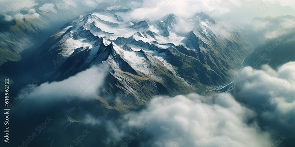 Dramatic snow-capped mountains landscape. Clouds and fog covers stone slopes. Generative AI