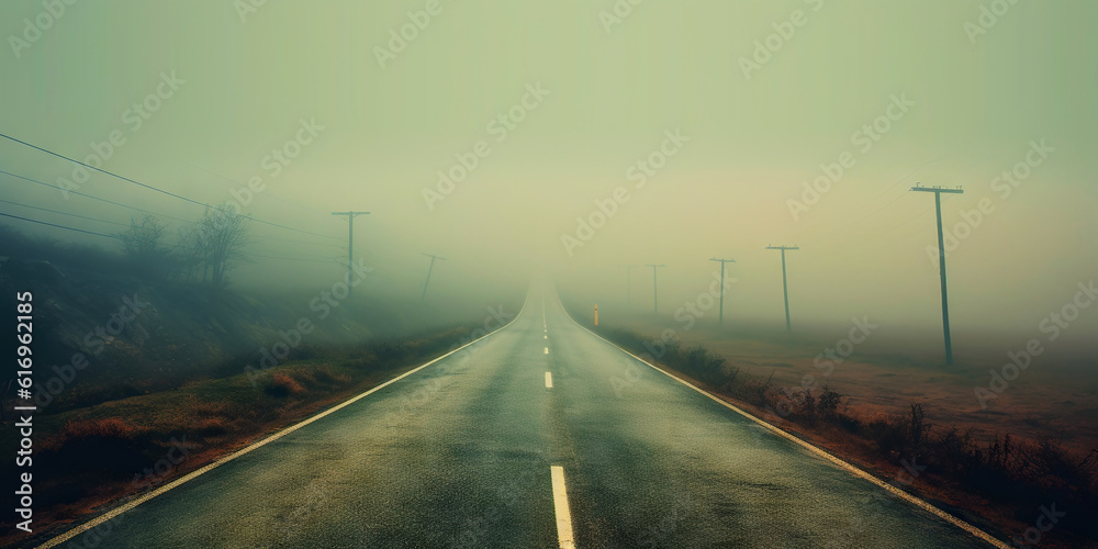 Misty empty road with trees on the side. Foggy highway. Mystery travel concept. Generative AI