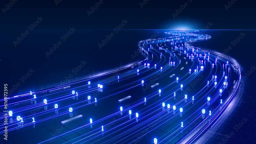 Sreaming data, binary data moving on a digital road - Digital Code road concept - 3d illustration