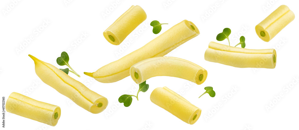 Yellow asparagus beans isolated on white background, full depth of field