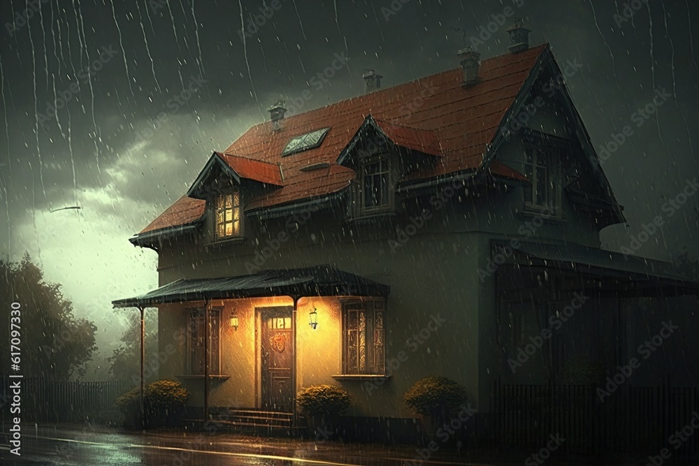 house in the pouring rain. Generated by AI.