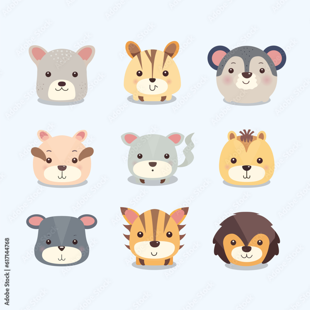 Cute Childish cartoon animals set. Vector Illustration