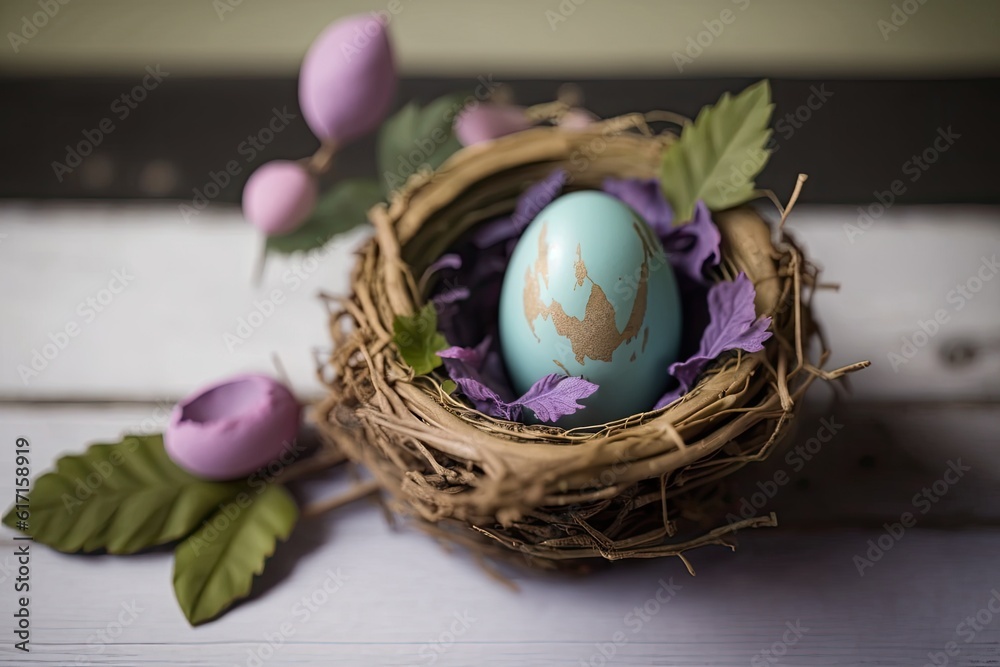 blue egg resting in a nest surrounded by beautiful purple flowers. Generative AI