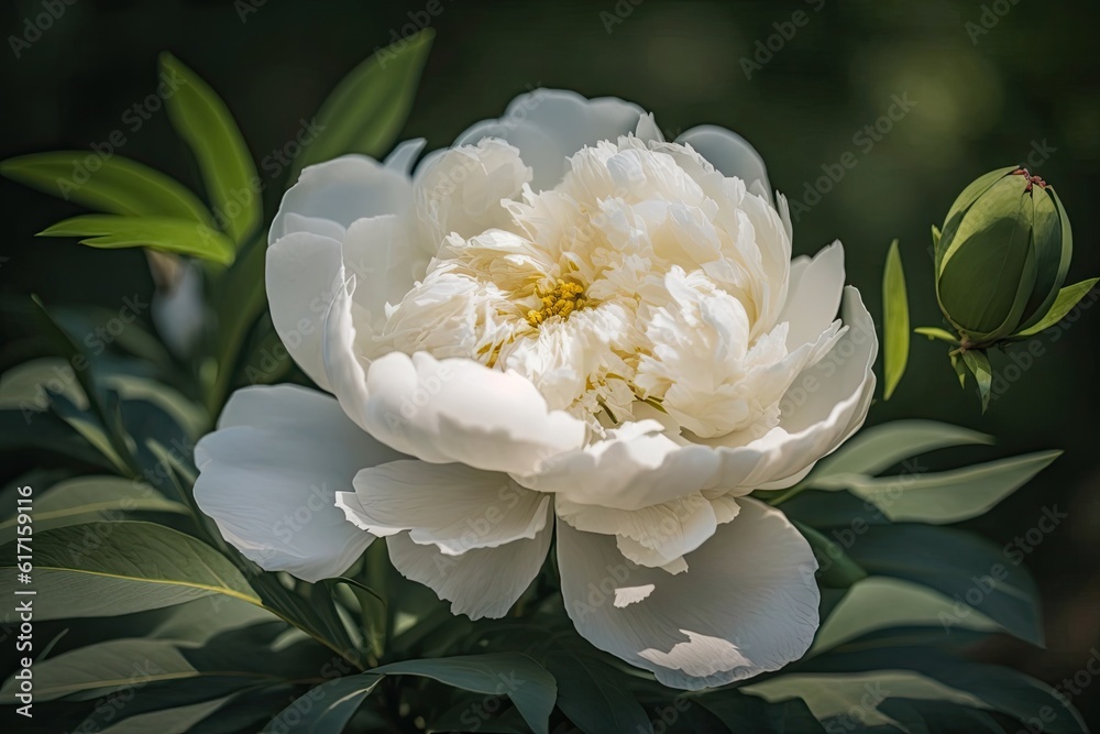 white flower with green leaves in the background. Generative AI