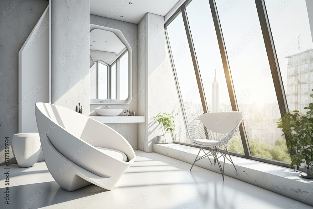 modern bathroom with a panoramic view of a cityscape through a large window. Generative AI