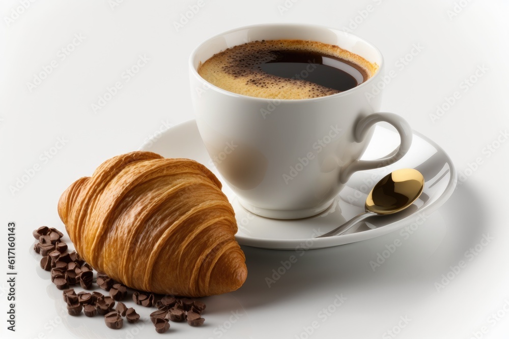 fresh pastry croissant and a cup of steaming coffee on a saucer. Generative AI