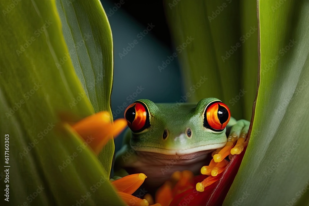 curious red-eyed frog peeking from behind a lush green leaf. Generative AI