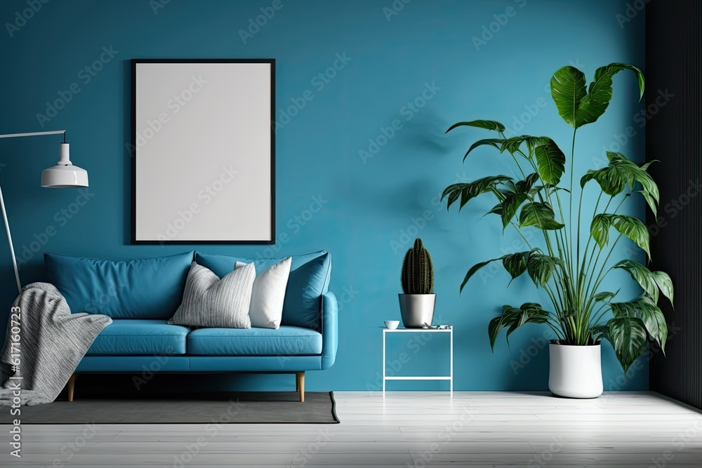 modern living room with blue walls and a matching blue couch. Generative AI