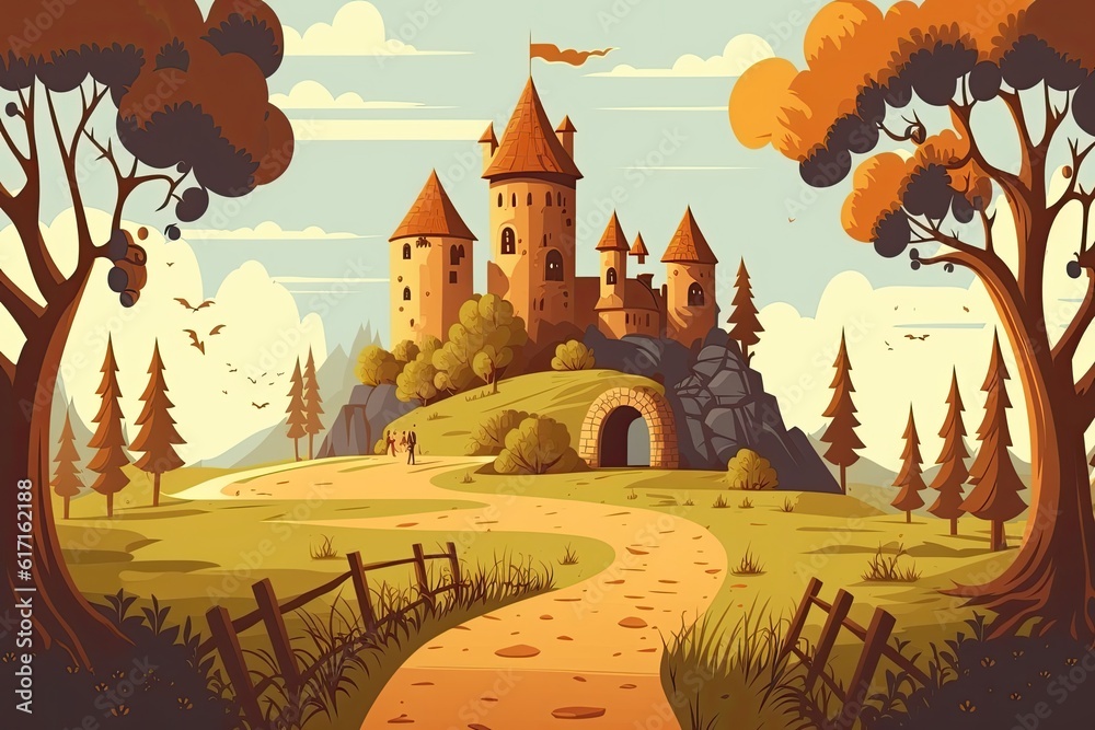 medieval castle surrounded by a lush forest landscape. Generative AI