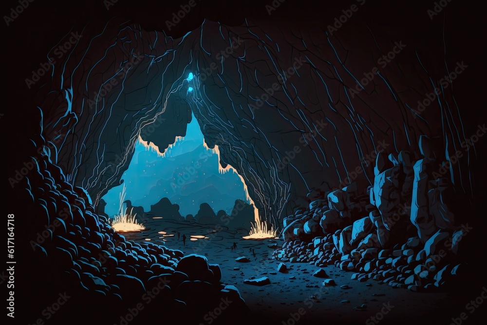 cavernous underground landscape featuring an expansive rocky terrain and waterways. Generative AI