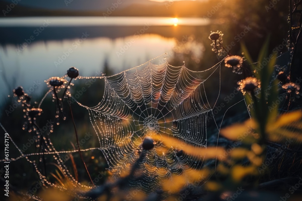 spider web covered in dew with a serene lake in the background. Generative AI