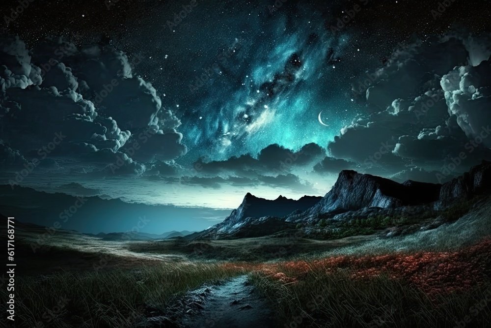 majestic mountain under a starry night sky with clouds and twinkling stars. Generative AI