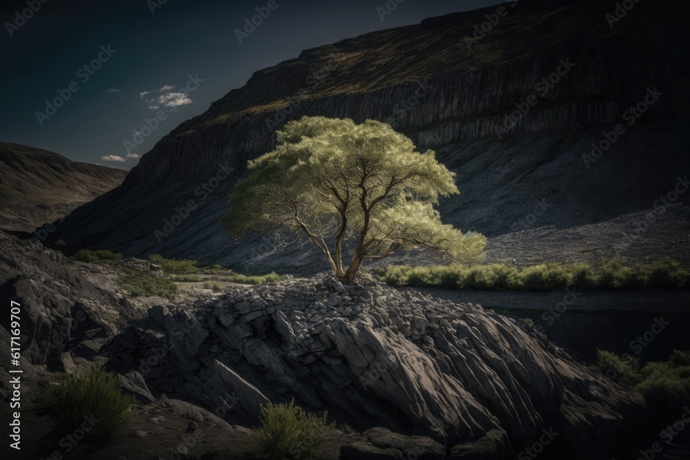 solitary tree standing atop a rocky hill. Generative AI