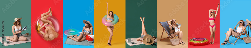 Set of beautiful young woman in stylish swimsuits and beach accessories on color background