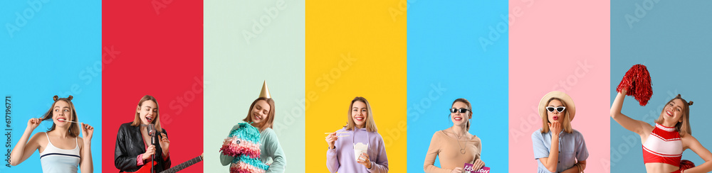 Collage of young woman on color background