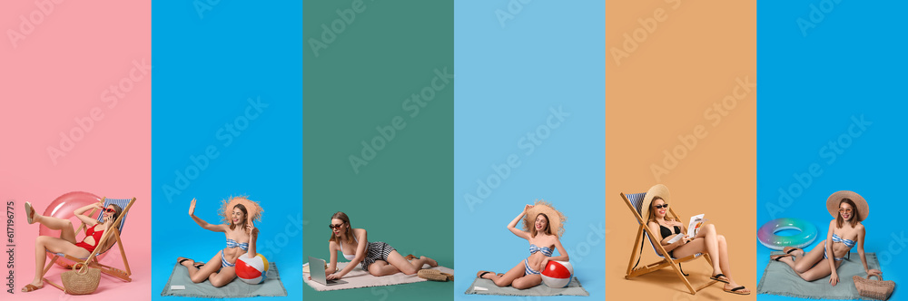 Collage of beautiful young woman in stylish swimsuits and beach accessories on color background