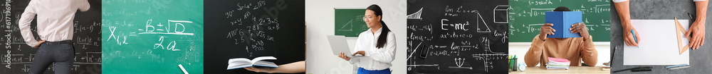 Collage of math teachers and chalkboards in classrooms