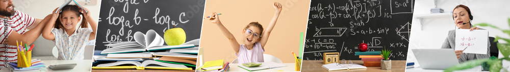 Collage of female math teacher and little girls doing homework