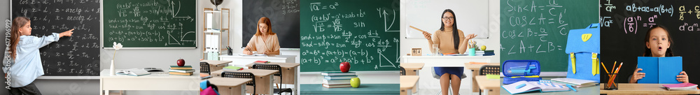 Collage of female math teachers, little girls and chalkboards in classrooms