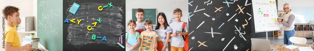 Collage of male math teacher and little children in classroom