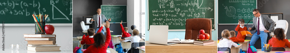 Collage of male math teacher and group of children in classroom