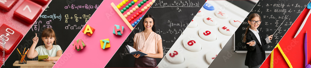 Collage of female math teacher, little girls in classrooms, calculator and pairs of compasses