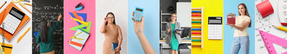 Collage of female math teachers, calculators and stationery