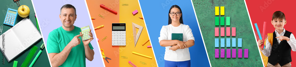 Collage of math teachers, little boy with calculators and stationery on color background