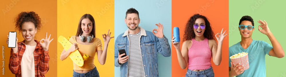 Group of young people showing OK gesture on color background