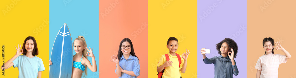 Collage of children showing OK gesture on color background