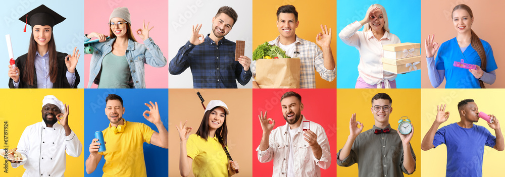 Collage of different people showing OK gesture on color background