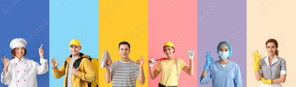 Collage of young people showing OK gesture on color background