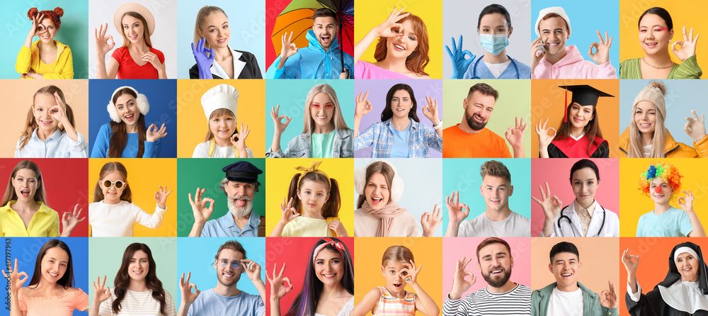 Group of different people showing OK gesture on color background