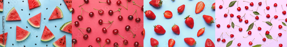 Collection of fresh fruits and berries on color background. Patterns for design