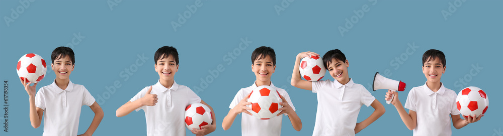 Little boy with soccer ball and megaphone on blue background