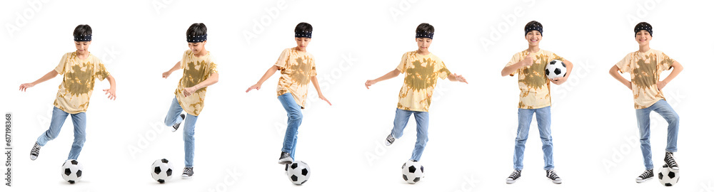 Set of little boy with soccer ball on white background