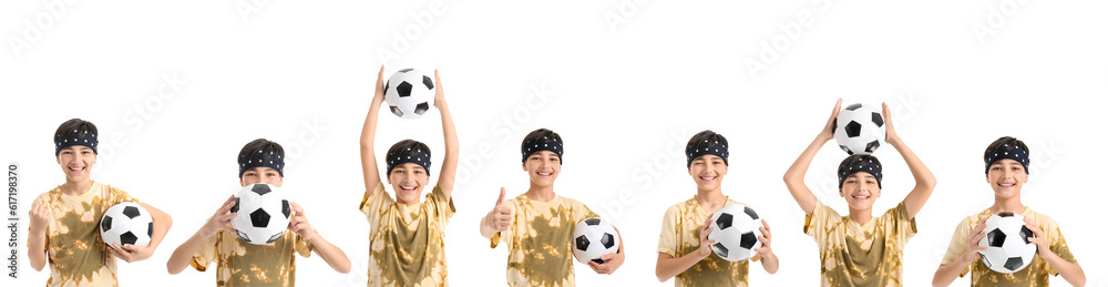 Set of little boy with soccer ball on white background