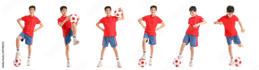 Set of little boy with soccer ball on white background